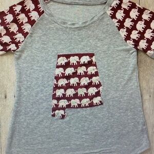 Free People Gray Tee with Burgundy Elephant Print Raglan Sleeves